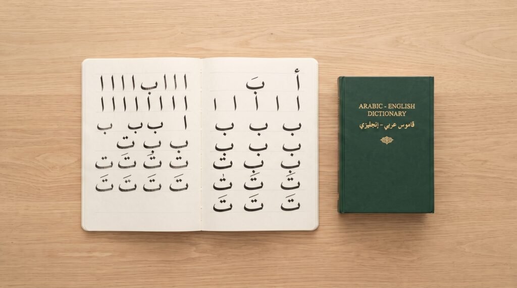 Arabic language course calligraphy practice notebook and dictionary on a desk