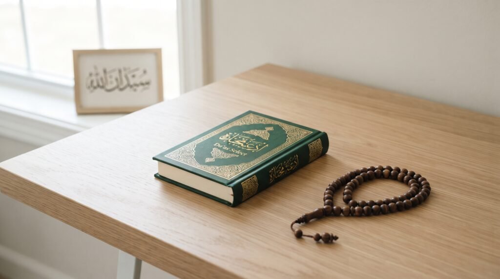 Islamic Studies and Duas course book with prayer beads on a clean desk