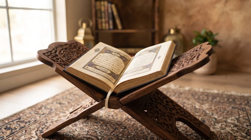 Open Quran on wooden stand for Nazra with Tajweed course