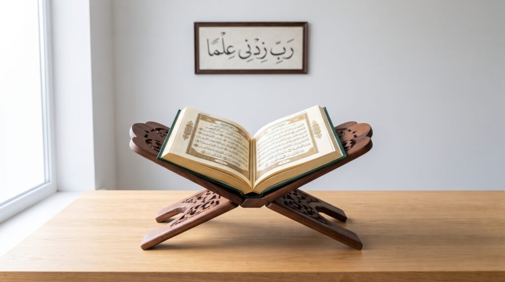 Tajweed Masterclass Quran course open on a wooden rehal stand