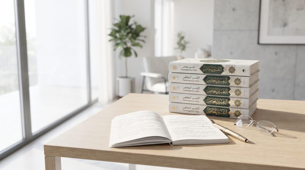Translation and Tafsir Quran course study desk with books and notes